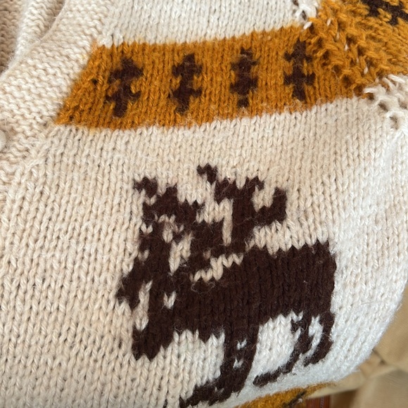 Vintage Cardigan Sweater Moose Stripes Checkerboard Mustard Handmade Cowichan - Picture 2 of 15